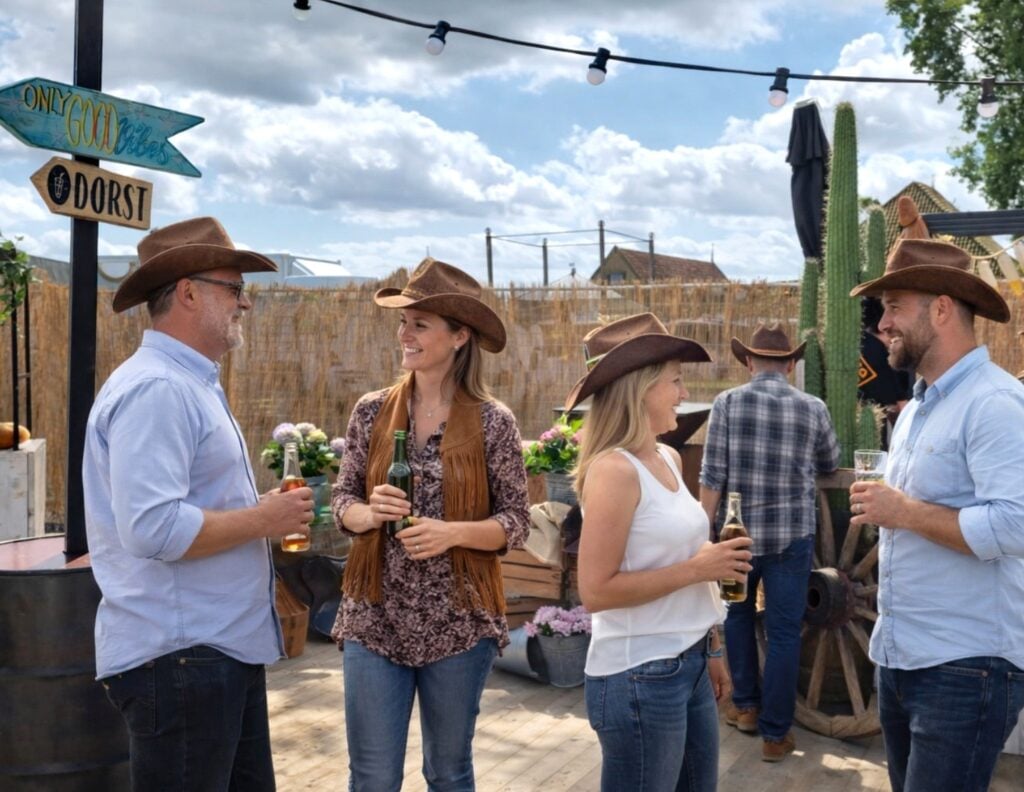 zomerborrel op het bedrijf in thema wild west country and western met cowboys en cowgirls op eigen locatie 4u wkr vrij